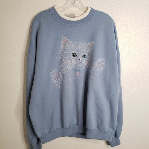 Vintage Sparkly Cat Graphic Sweater Baby Blue White Trim Pull Over Sweatshirt XL - Picture 2 of 12
